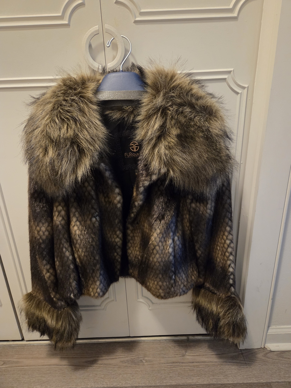 Faux Fur Brown and Black Cropped Coat with Plush Collar